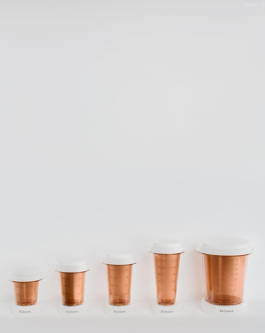 DosePacker medication vials in 8, 12, 16, 32, and 64 dram sizes